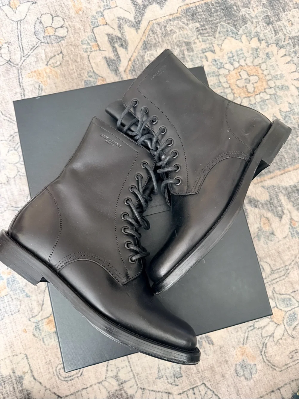 Saint Laurent Black Leather Lace-Up Military Boots - Picture 2 of 9